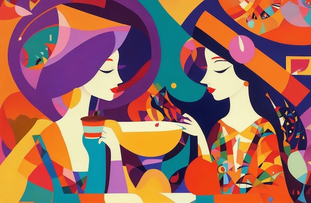 Illustration de belles femmes buvant du café dans le style Kandinsky