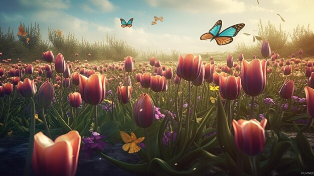 Illustration de belles tulipes dans le jardin 3d réaliste