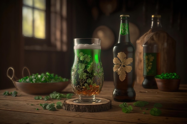 Illustration de la bière dans une bouteille et dans un verre dans un pub sur la table St Patrick's Day Concept AI Generation