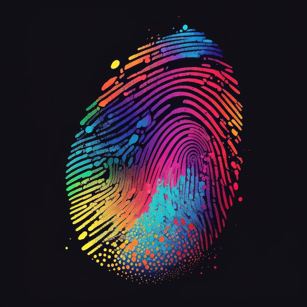 Photo illustration biométrique des empreintes digitales dans des couleurs vives et fond isolé.