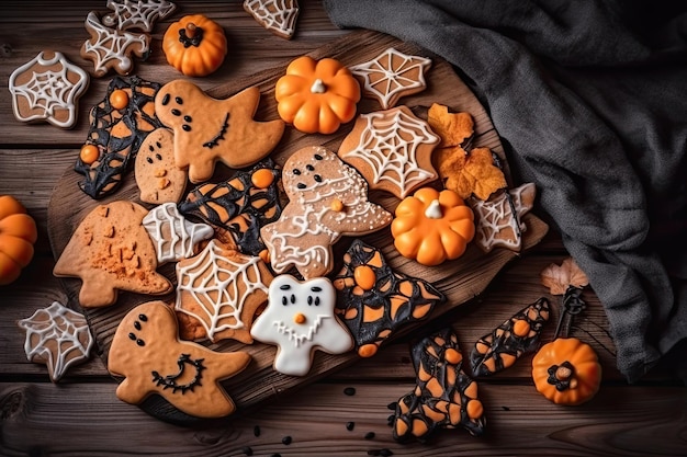 Illustration de biscuits d'Halloween sur un fond en bois sombre et fantasmagorique Generative AI