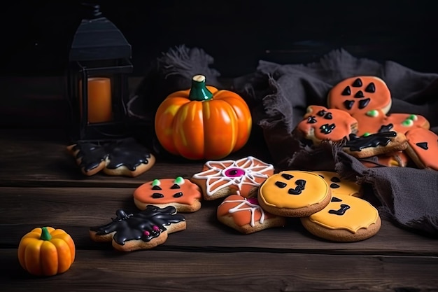 Illustration de biscuits d'Halloween sur un fond en bois sombre et fantasmagorique Generative AI