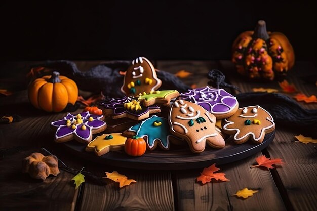 Illustration de biscuits d'Halloween sur un fond en bois sombre et fantasmagorique Generative AI