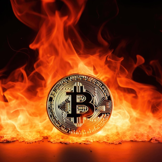 Illustration d'un bitcoin en feu sur fond sombre créé avec la technologie Generative AI