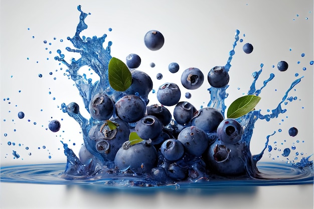 Illustration de bleuets frais avec des éclaboussures d'eau sur fond blanc