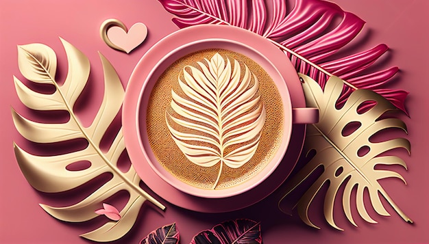 Illustration de boisson chaude délicieux beau café cappuccino avec art dans une tasse avec des fleurs AI générative