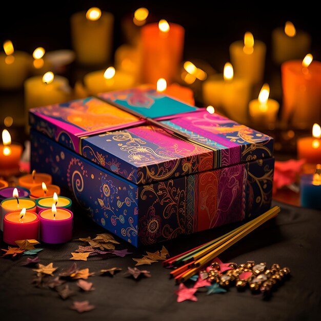 Photo illustration d'une boîte cadeau avec des craquelins de diwali