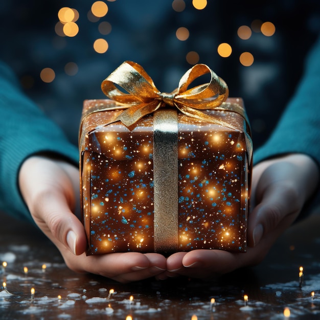 Illustration d'une boîte-cadeau à la main avec un fond de Noël généré par l'IA