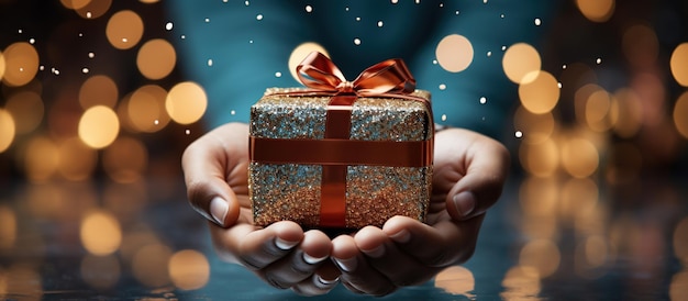 Illustration d'une boîte-cadeau à la main avec un fond de Noël généré par l'IA