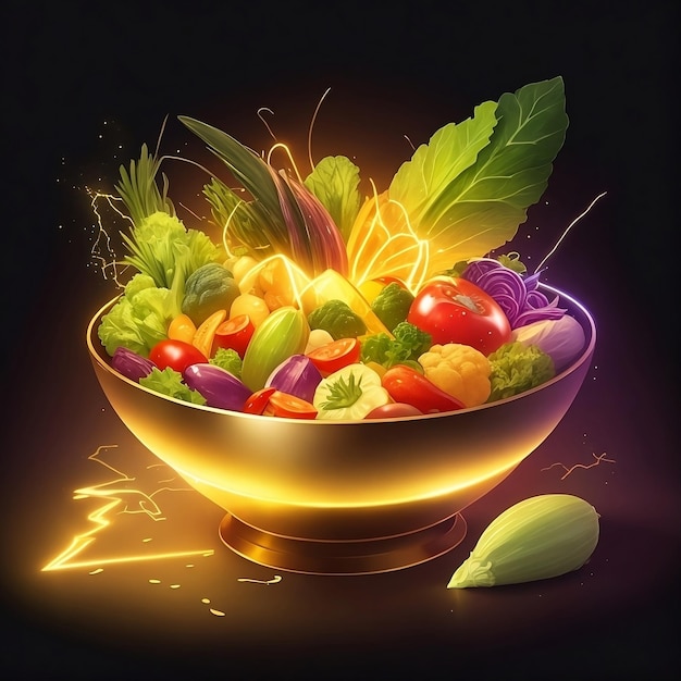 Photo illustration d'un bol en or contenant différents types de légumes générés par ai