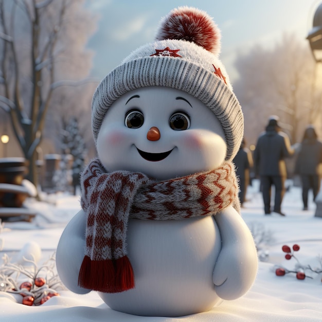 Illustration d'un bonhomme de neige 3D avec un fond de Noël généré par l'IA