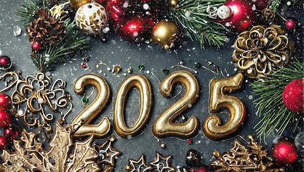 Photo illustration de bonne année lettres et chiffres dorés 2025 sur fond de noël multicolore festif avec des paillettes étoiles neige cartes postales de salut couverture de calendrier générée par l'ia