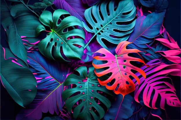 Illustration botanique 3d motif de fond de feuilles colorées IA générative