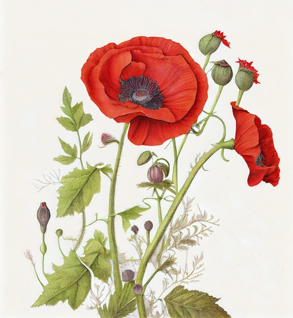 Illustration botanique de fleur de pavot Fleurs rouges sauvages Peinture réaliste Illustration IA générative abstraite