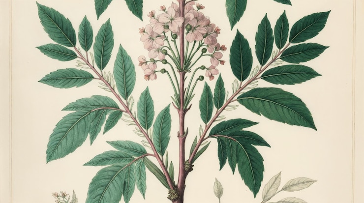 Photo illustration botanique d'une plante aux fleurs roses et aux feuilles vertes
