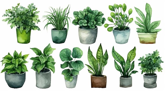 Illustration botanique de plantes d'intérieur tropicales aquarelles