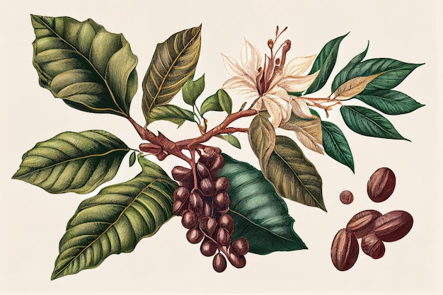 Illustration botanique de l'usine de café Branche de café avec des fruits et des fleurs Illustration IA générative abstraite