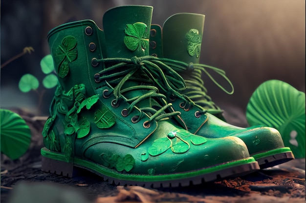 Illustration de bottes vertes patrick day avec trèfle AI