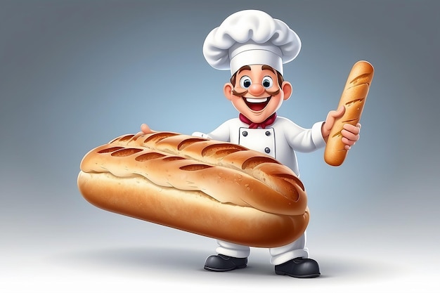Illustration d'un boulanger de dessin animé heureux sur un bouton avec un rouleau de chapeau de chef et un pain