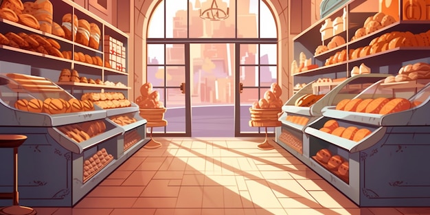 illustration d'une boulangerie avec du pain et des pâtisseries sur des étagères ai générative