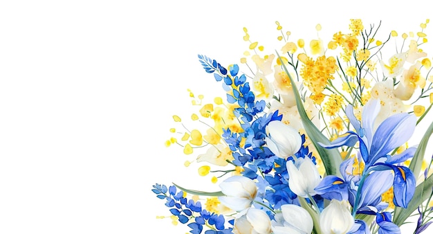 Illustration de bouquet floral à l'aquarelle fleur blanche et jaune tulipe feuilles vertes branches bouquets collection de mariage salutations stationnaires papiers peints mode isolé sur fond blanc