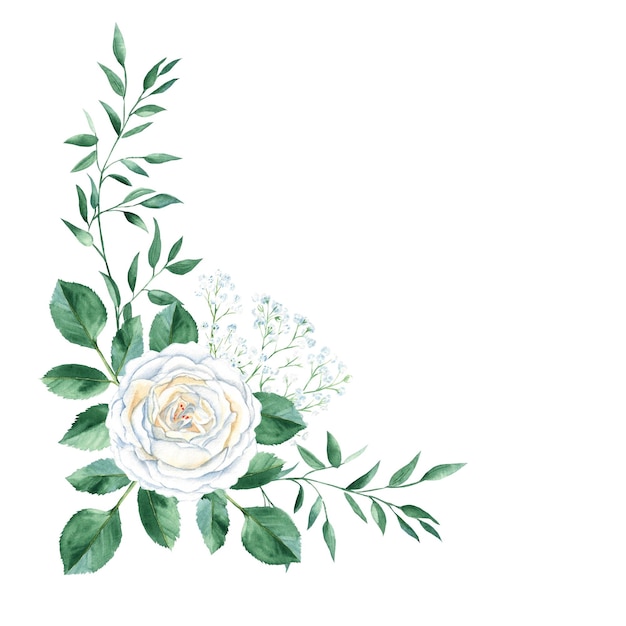 Illustration de bouquet floral aquarelle avec gypsophile de roses blanches et verdure rustique