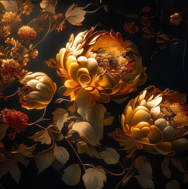 Illustration d'un bouquet gracieux de fleurs de pivoine sur fond sombre