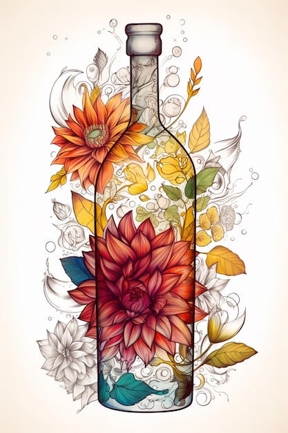 illustration d'une bouteille de vin avec des fleurs et des feuilles génératives ai