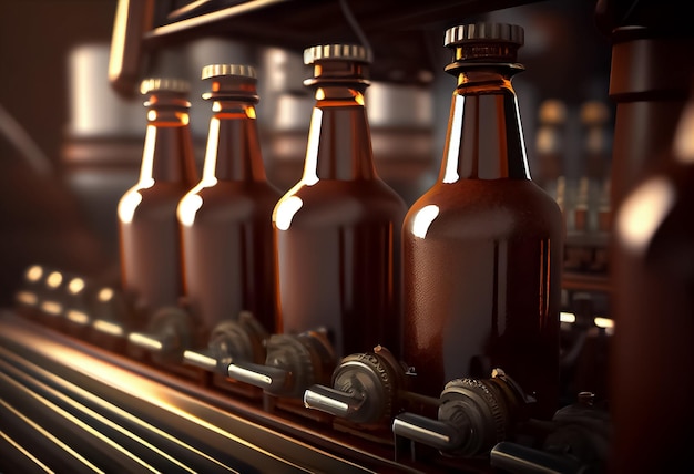 Illustration de bouteilles de bière vides brunes sur le tapis roulant dans l'ai de l'usine de bière ou de lait