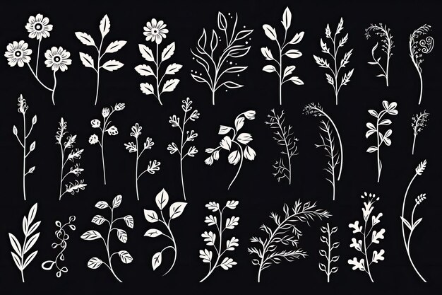 Illustration de branches et de fleurs dessinées à la main, iconographie magique fantaisiste au pochoir générée par AI