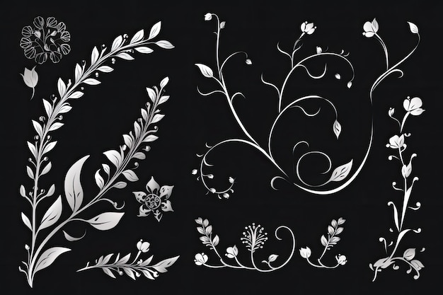 Illustration de branches et de fleurs dessinées à la main, iconographie magique fantaisiste au pochoir générée par AI