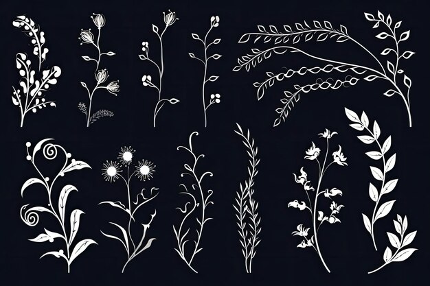 Illustration de branches et de fleurs dessinées à la main, iconographie magique fantaisiste au pochoir générée par AI