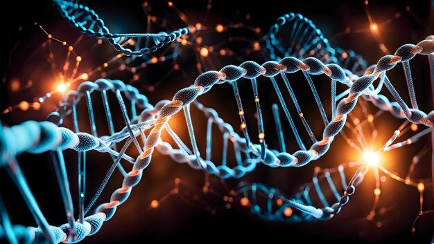 Illustration Des brins d'ADN entrelacés avec une technologie de pointe symbolisant la synergie entre la science