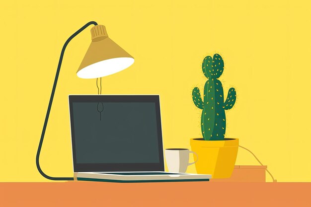 Illustration de bureau avec luminaire d'ordinateur et fond bleu de style plat de cactus AI générative