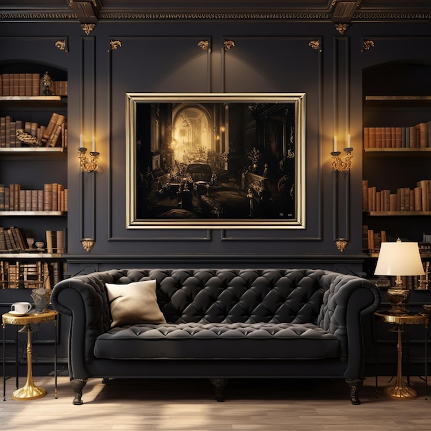 illustration d'un bureau luxueux décoré principalement en noir et or