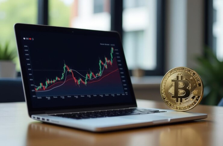 Illustration d'un bureau moderne avec un ordinateur portable et une pièce symbolisant la croissance du marché de la crypto-monnaie