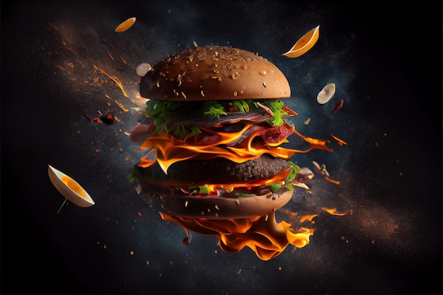 Illustration d'un burger en lévitation en feu sur fond noir AI