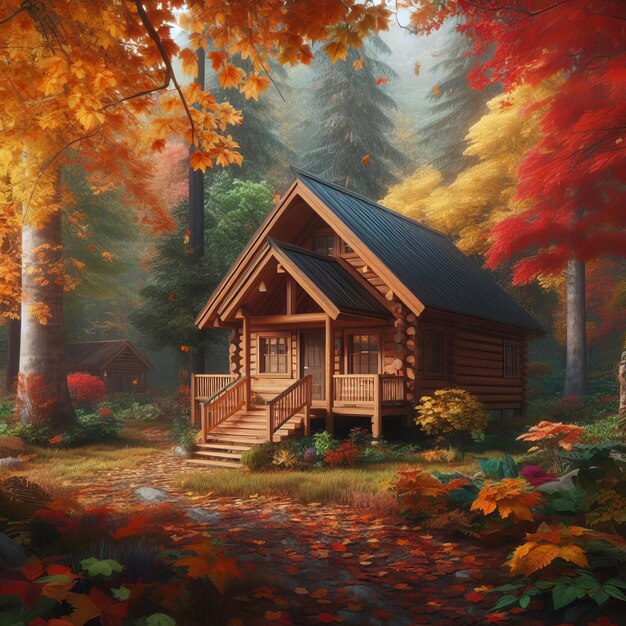 Photo illustration d'une cabane de bois confortable dans les bois pendant l'automne entourée d'arbres et de feuillages colorés