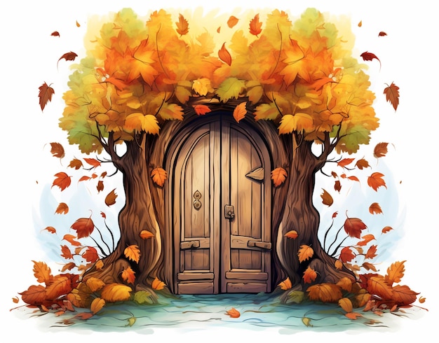 illustration d'une cabane dans les arbres de dessin animé avec une porte et beaucoup de feuilles ai générative