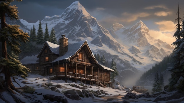 une illustration d'une cabane dans les montagnes