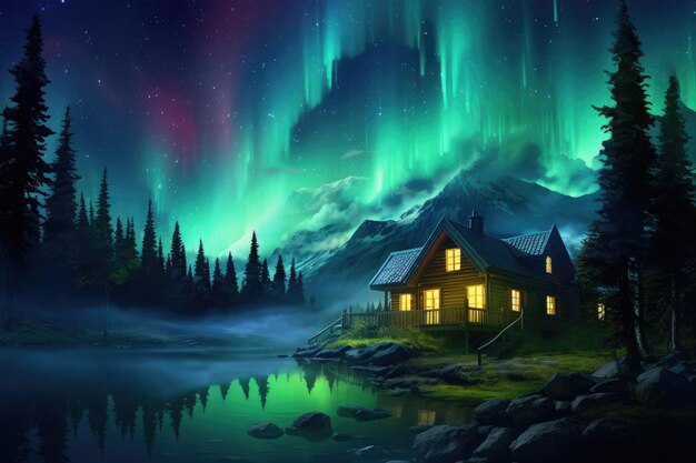 Photo une illustration d'une cabane près d'un lac avec les lumières d'aurore dans le ciel