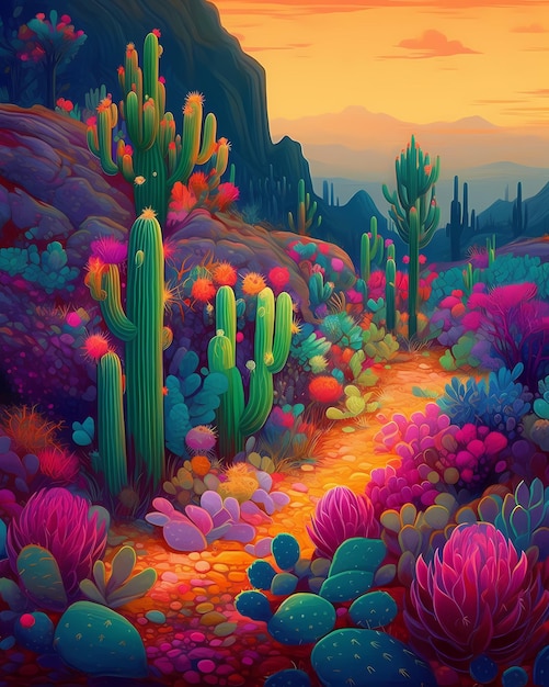 illustration de cactus coloré art fantastique généré ai