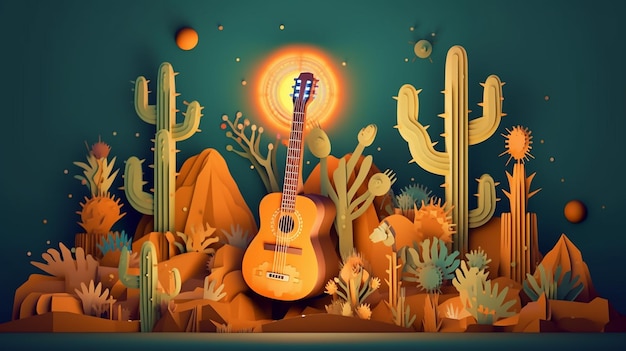 Illustration d'un cactus décoré de guitares lant Generative AI