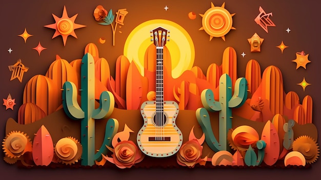 Illustration d'un cactus décoré de guitares lant Generative AI