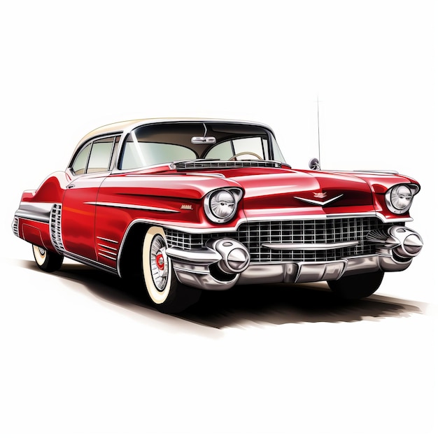 Illustration de Cadillac vintage voiture classique rouge hyperréaliste sur fond blanc