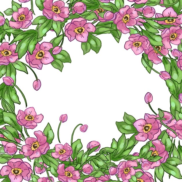 Illustration d'un cadre composé de fleurs et de feuilles roses