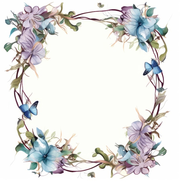 une illustration d'un cadre floral avec des fleurs bleues et violettes