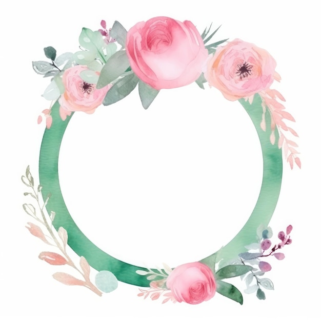 Illustration de cadre de mariage aquarelle vert et rose AI générative