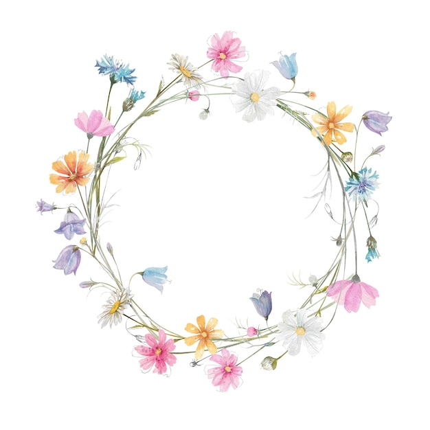 Illustration de cadre rond de fleurs sauvages à l'aquarelle dessinée à la main Cute couronne de fleurs avec des bourgeons et des feuilles