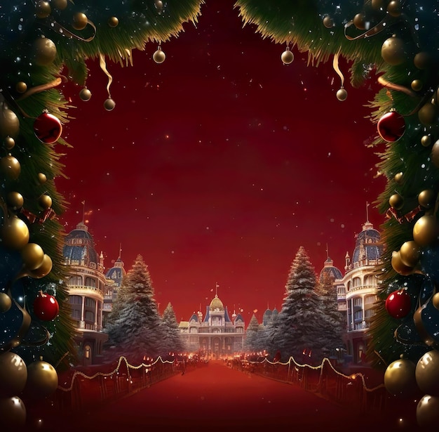 Illustration d'un cadre sur le thème de Noël avec un fond rouge